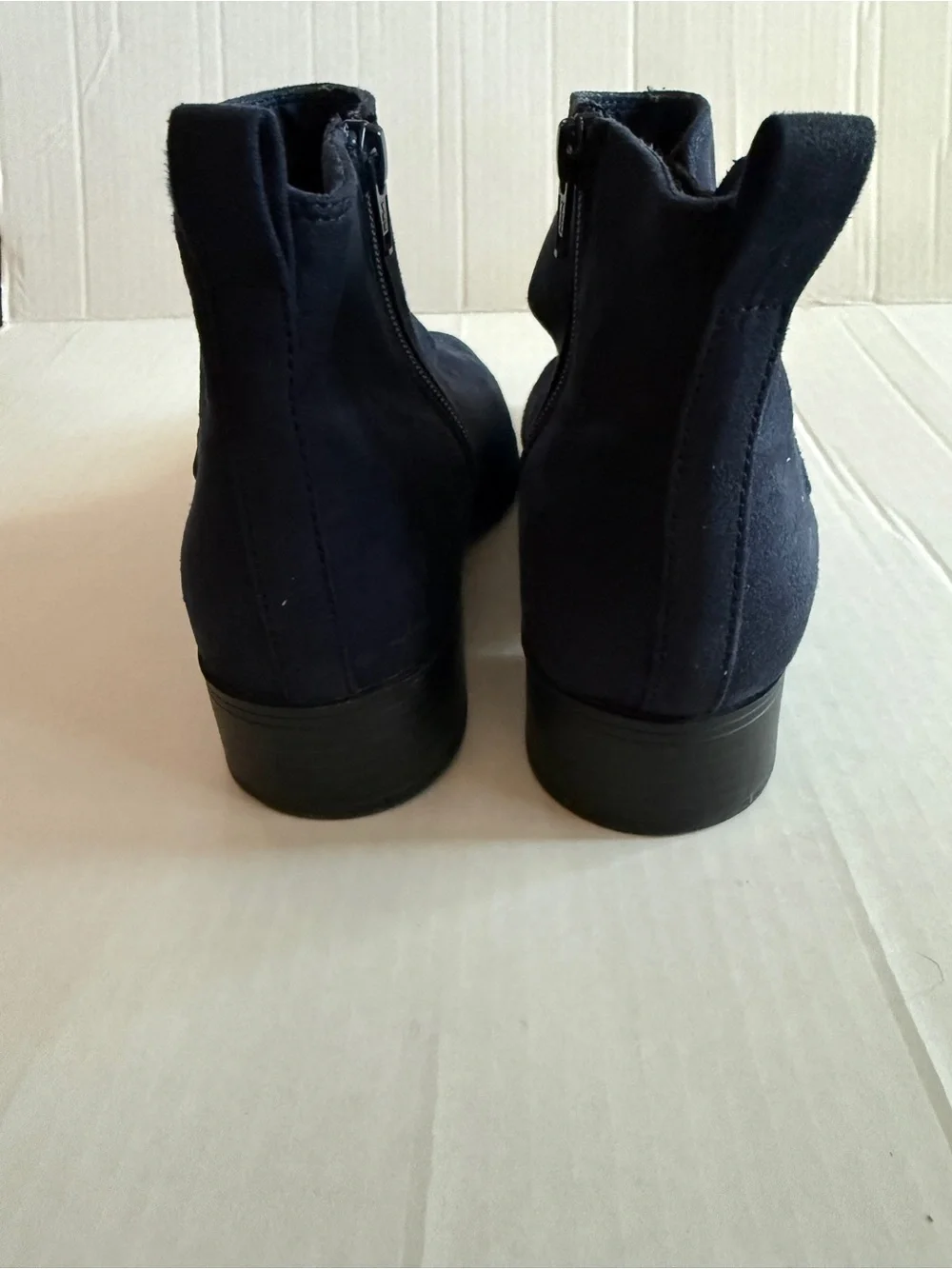 SO Navy Suede Ankle Booties with Elastic Gore